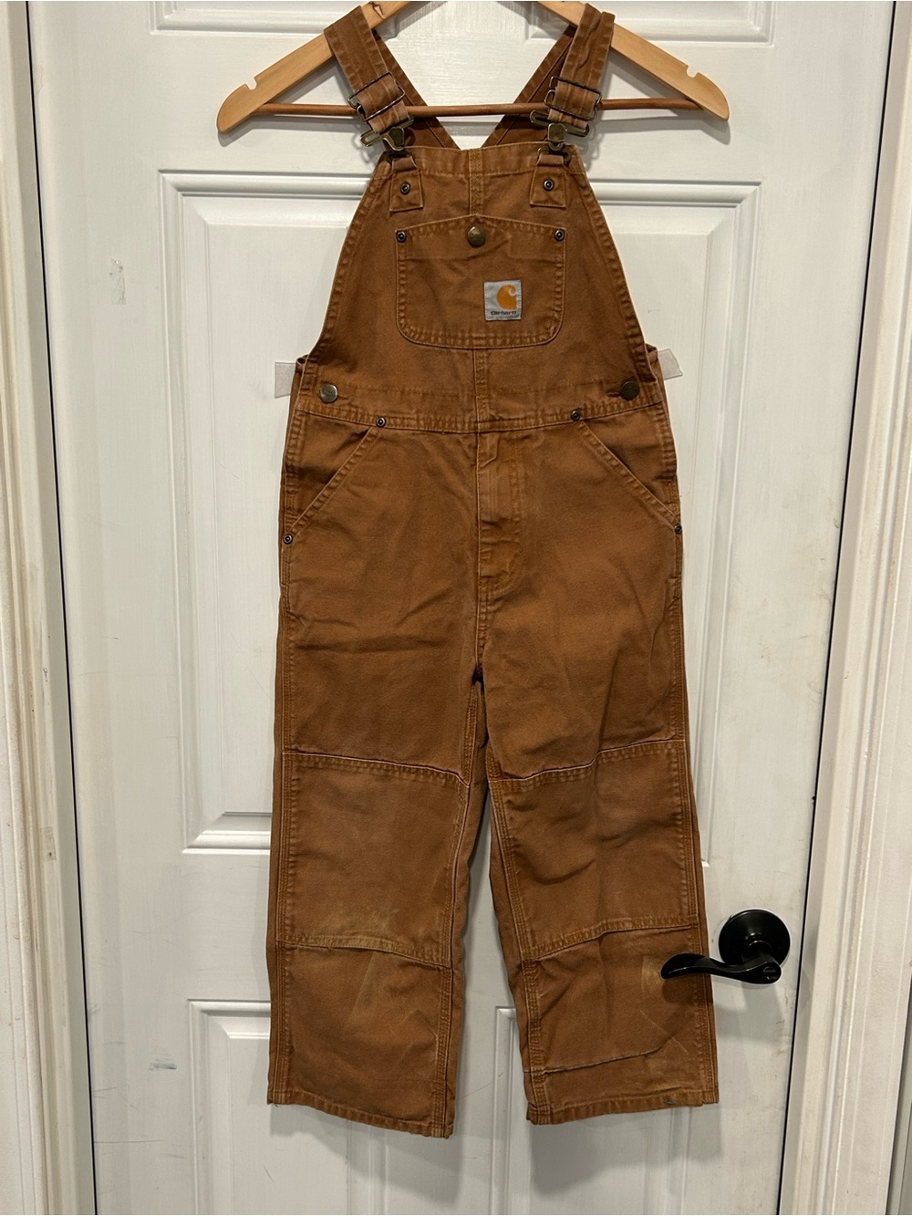 Carhartt Kids Youth Size 7 Double Knee Canvas Bib Overalls Brown Unlined